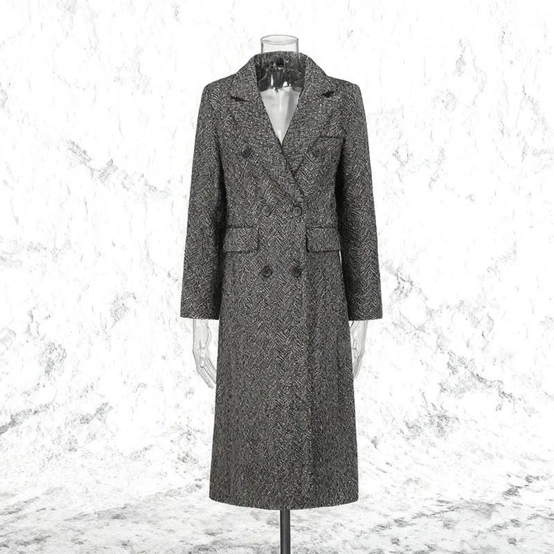 

Шерстяное пальто в британском стиле, новинка 2025, осень-зима, двубортное пальто с длинными рукавами и лацканами, свободный облегающий длинный плащ, верхняя одежда
