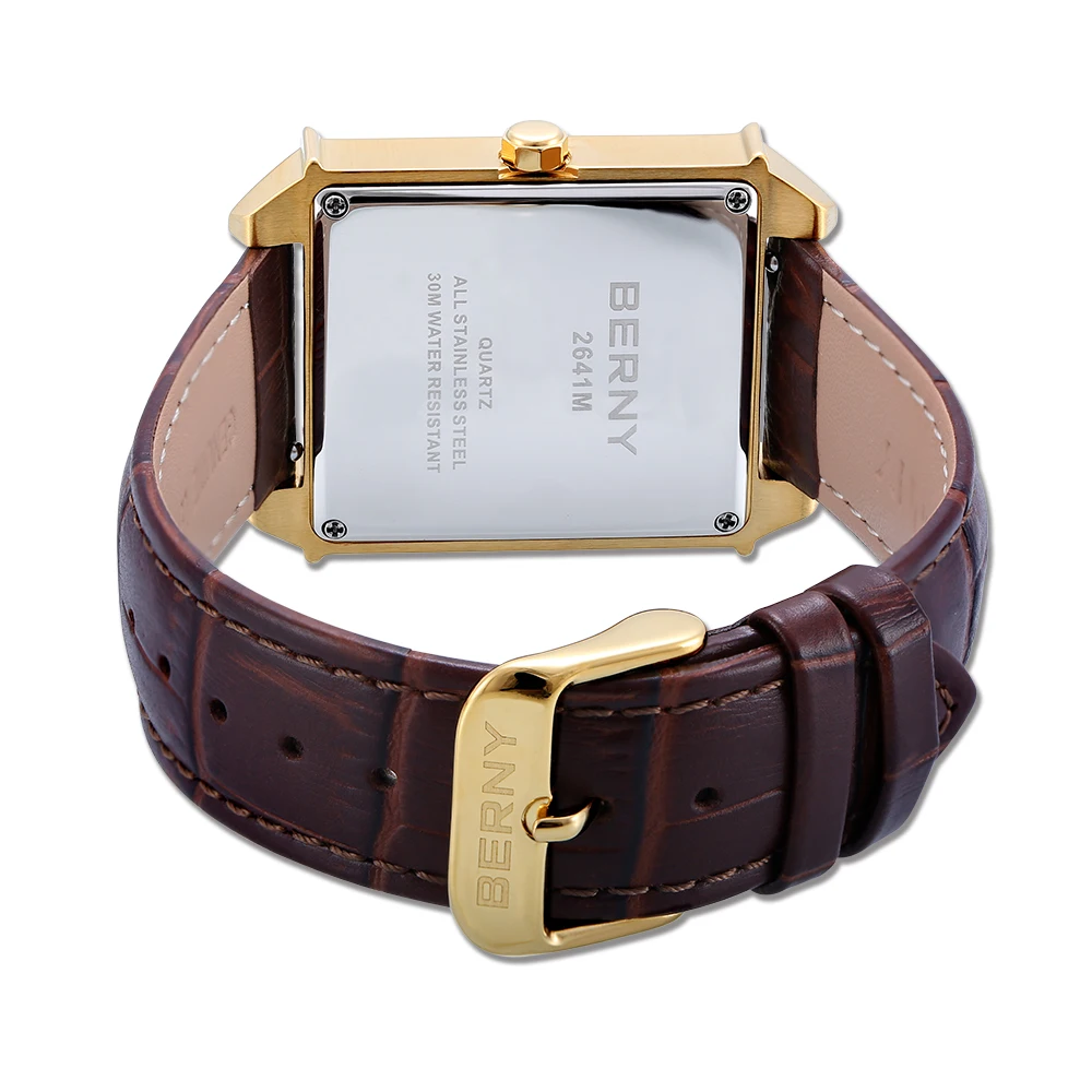 BERNY 6P25 Quartz Watch for Men Golden Tank Square Wristwatch Vintage Day Date Leather 3ATM Waterproof Luxury Watch Male