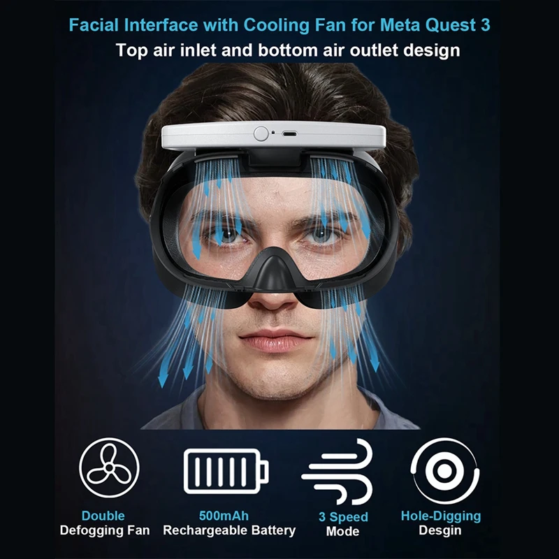 Cooling Mask With Fan For Meta Quest 3 Adjustable Wind Speed Durable And Easy To Install VR Glasses Accessory