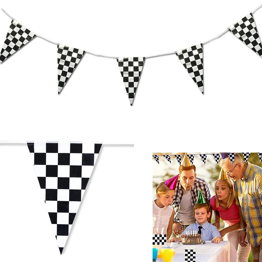 1set 30m Flags PE Black White For Birthday Racing Car Theme Party Checkered Racing Bunting Garland Banner Pennant Flag