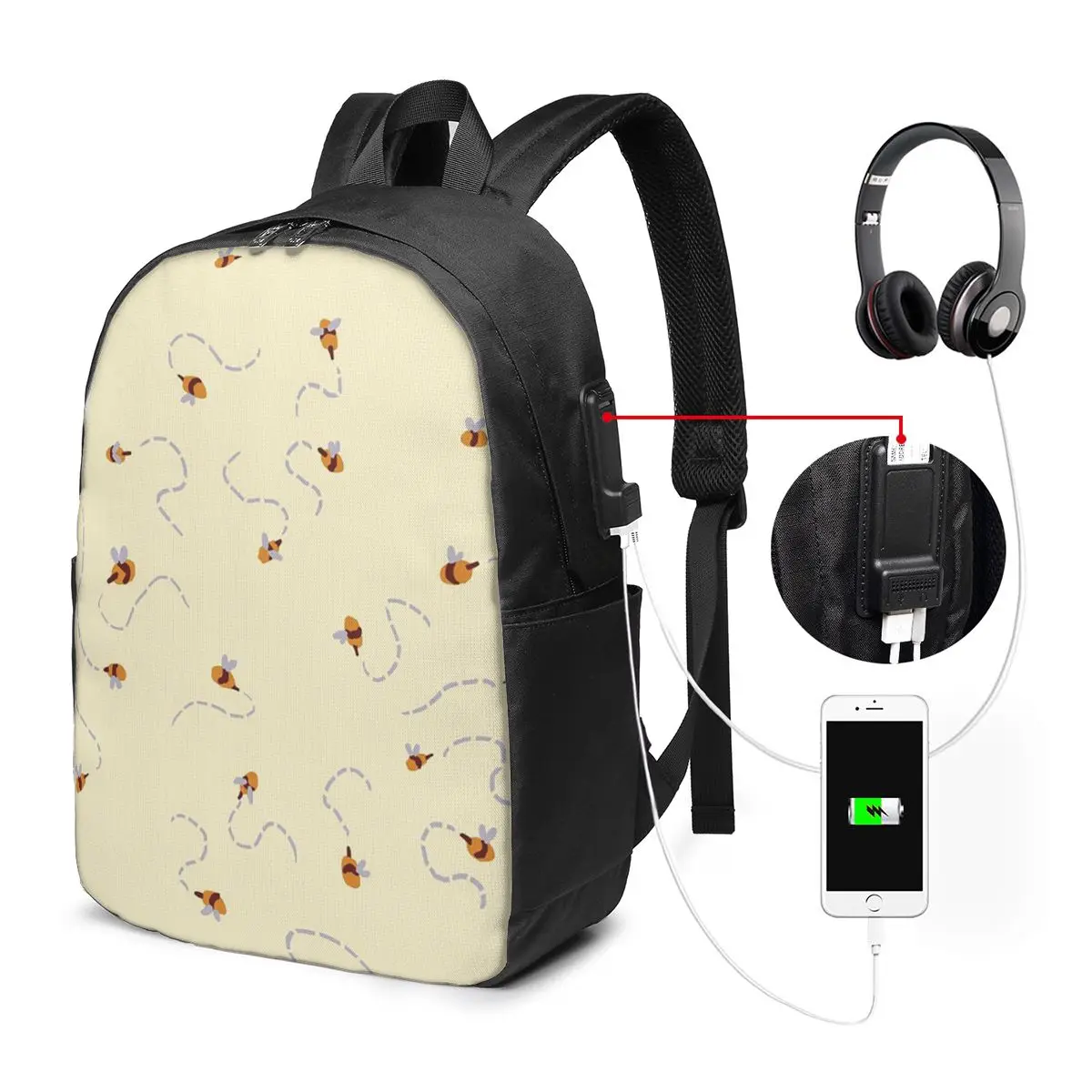 Bees And Flight Trajectory Pattern Backpack Travel Notebook Bag Computer College Student School Bag Laptop Shoulder Bags