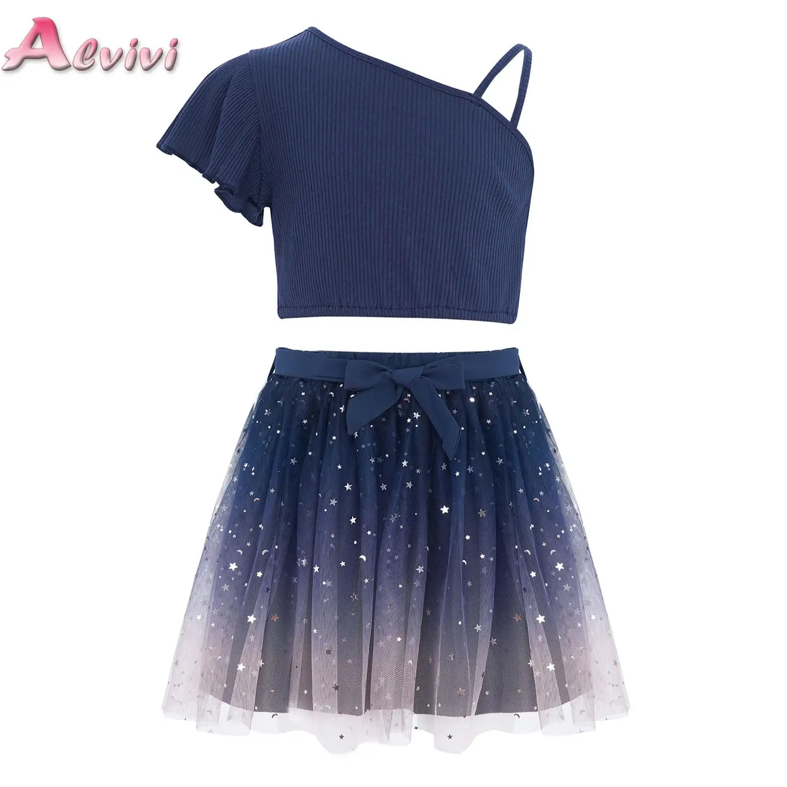 

Kids Girls 2-Piece Birthday Princess Outfit One Shoulder Ruffled Sleeve Crop Top with Sequined Gradient Mesh Skirt Clothes Set