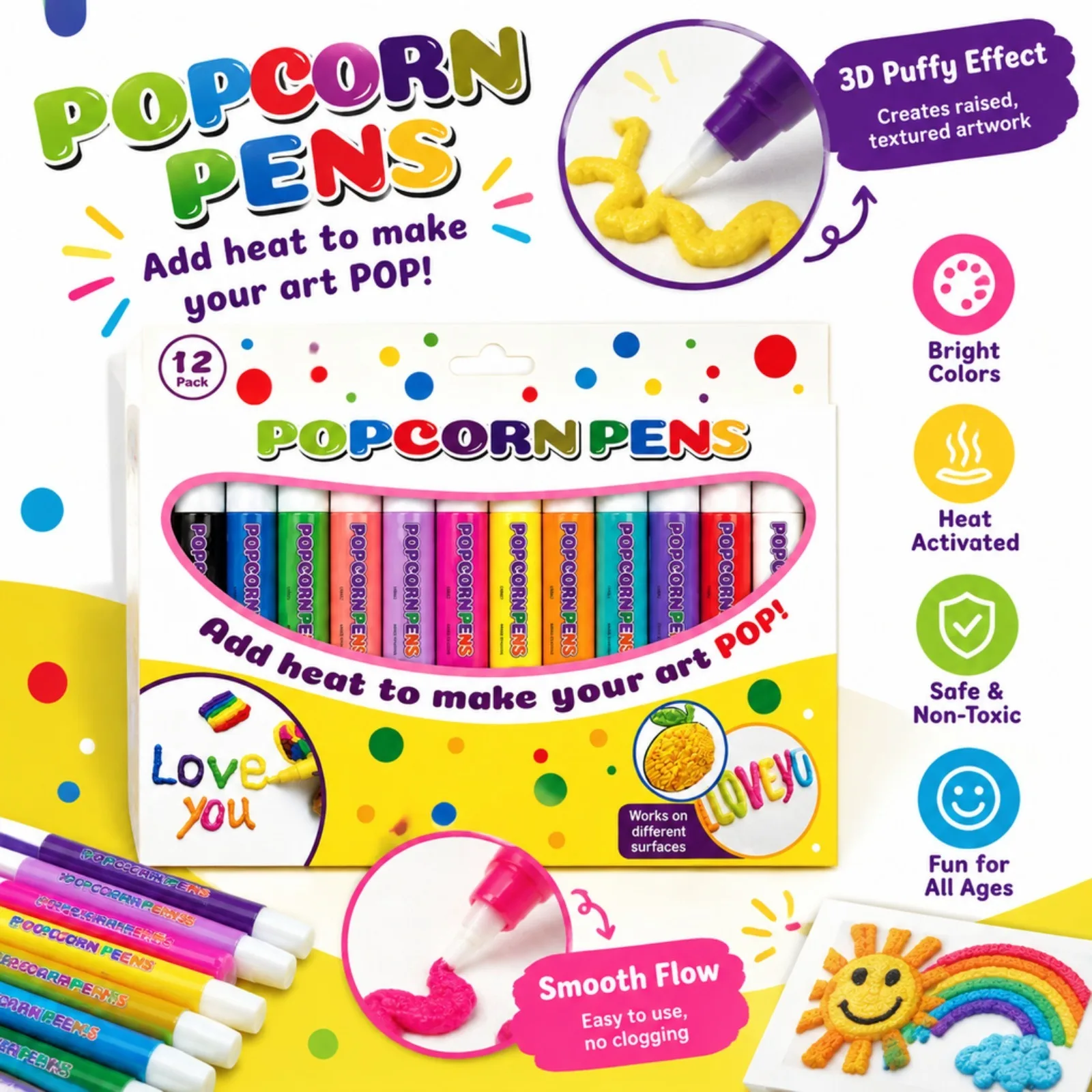 12Colors Popcorn Pens 3D Art Marker Set Heat Activated Foam Pen DIY Craft Drawing Tool For Cards Scrapbook Decor Multicolor gallery 3