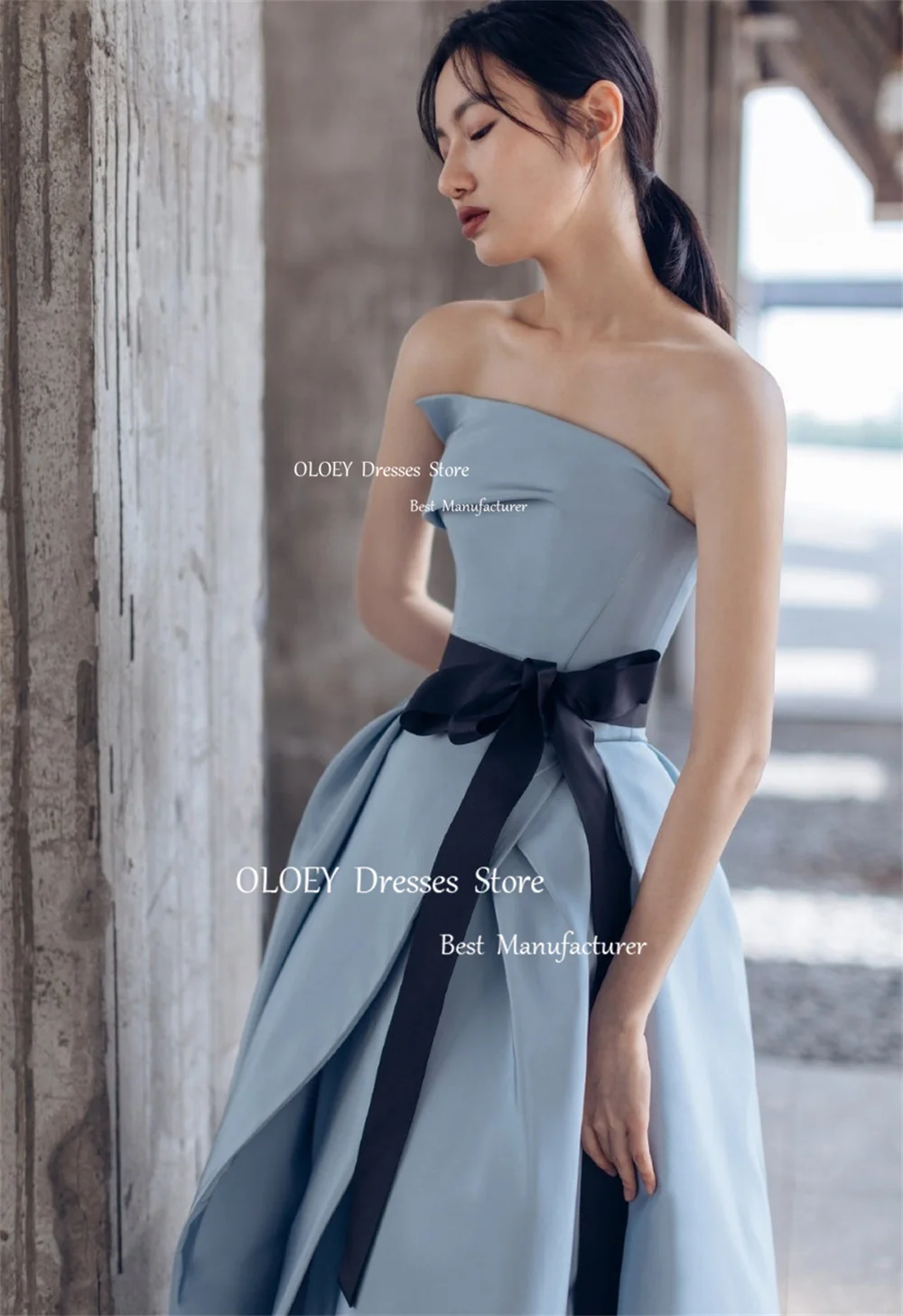 Oloey elegante blaue träger lose Abendkleid Falten satin schwarze Schärpen hohe und niedrige Länge Hochzeits feier Ballkleid nach Maß