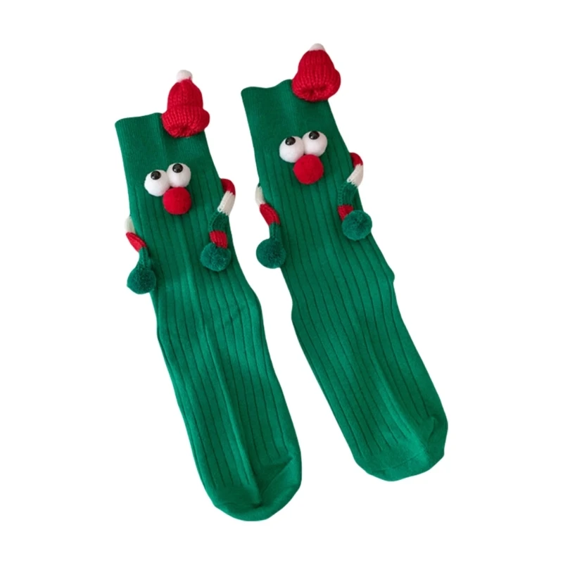 2025 New Christmas Funny 3D Santa Hat Hand Holding Socks Novelty Middle Tube Socks Holiday Party Gift for Unisex Couple