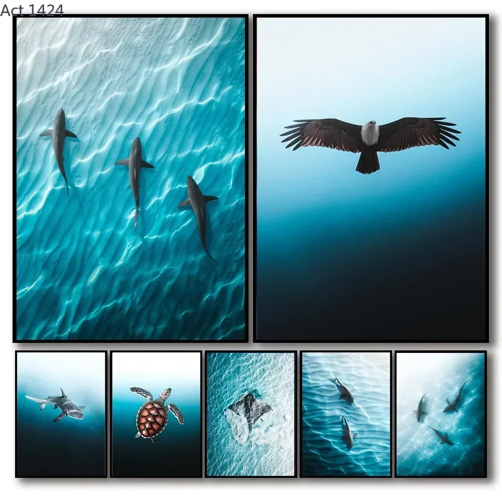 1pc frameless Blue Ocean Canvas Eagles Shark Angle Poster Sea Turtle Decor Wall Art for Room Home Decor Murals