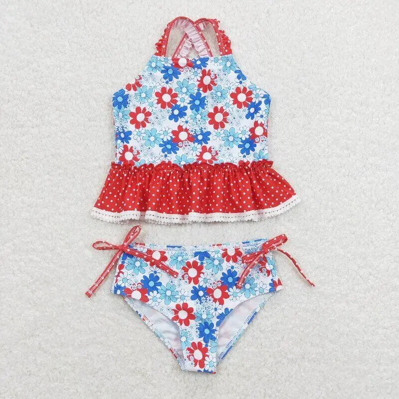 RTS child summer bathing suit baby girl 2 piece patriotic swimsuit floral tankini kids swimwear for girl