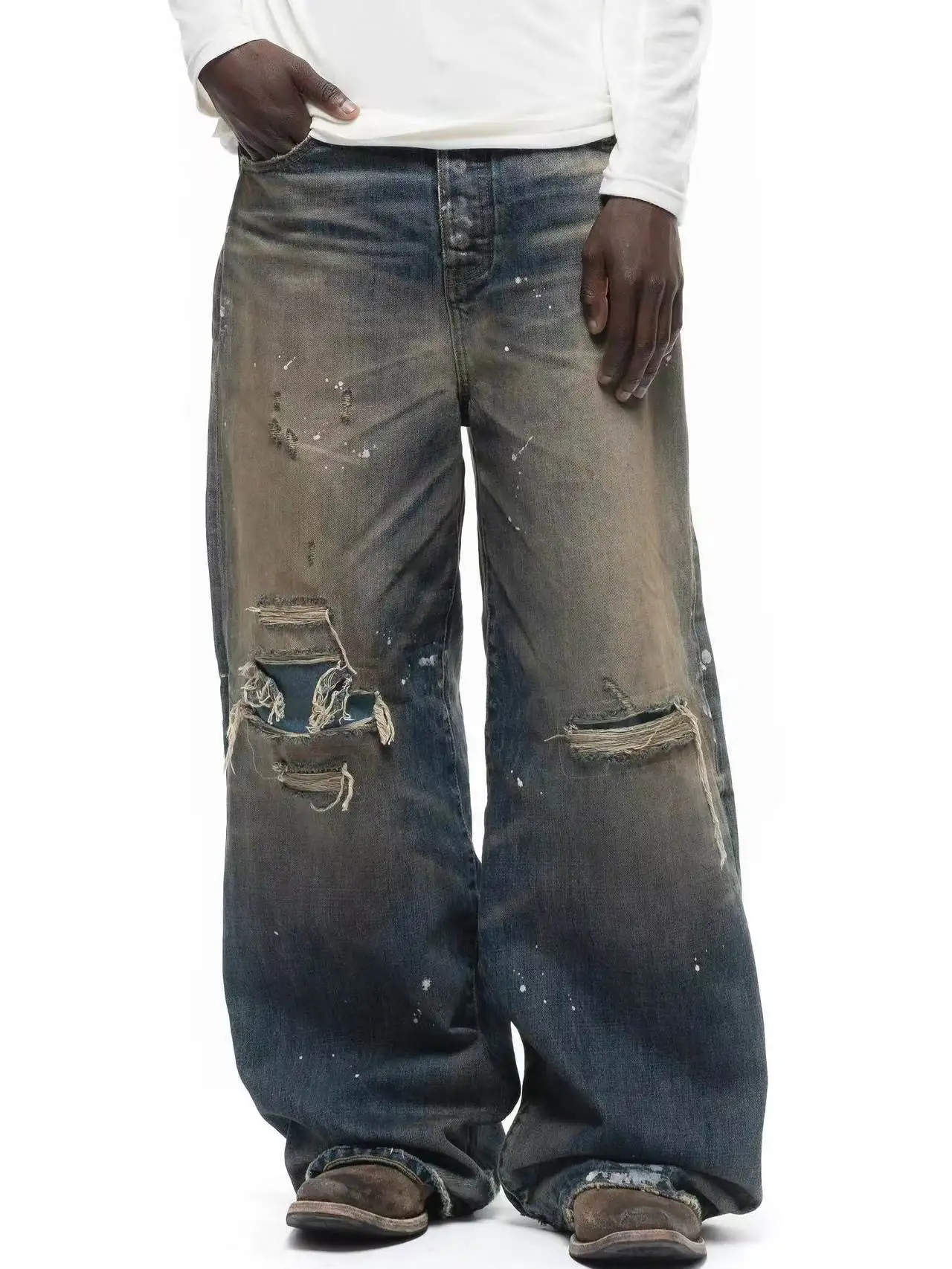 No faith studios wash sticker ripped ink splash jeans