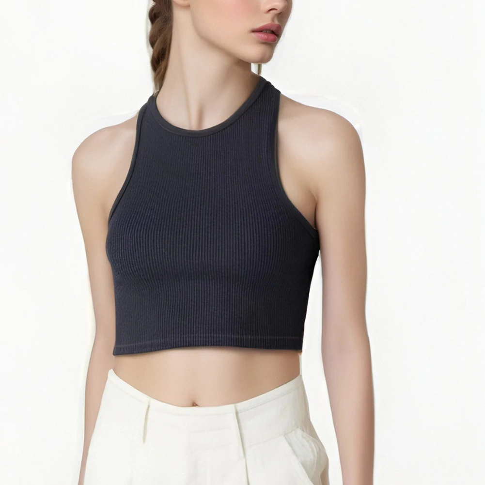 Women elastic breathable knitted sleeveless sports vest yoga wear fitness top casual style with round neck all seasons