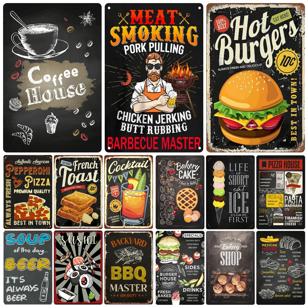 

Vintage BBQ Metal Tin Sign, Retro Hot Burgers, Pizza House, Fast Food, Grill for Kitchen, Club, Bar Printing Decoration, WY268