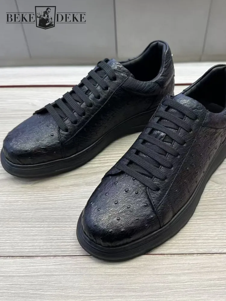 Fashion Ostrich Leather Round Toe Low-Heel Lace-Up Casual Shoes Handmade Genuine Leather Solid Color Platform Male Footwear