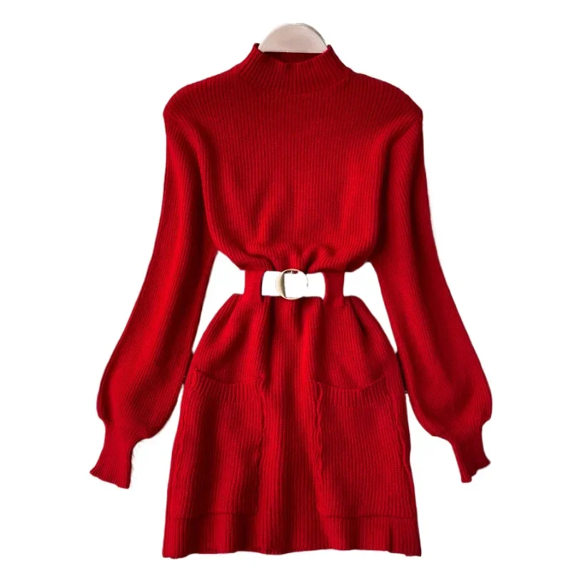 

Sense of solid color temperament semi-high neck knit dress autumnwomen French retro waist long sleeve wrap hip skirt