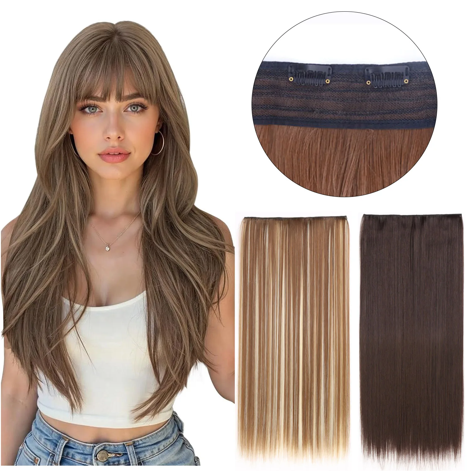 Clip In Hair Extension 5-Clips One Piece Long Straight Hair Natural Looking Synthetic Hairpiece for Girls Ladies Daily Use
