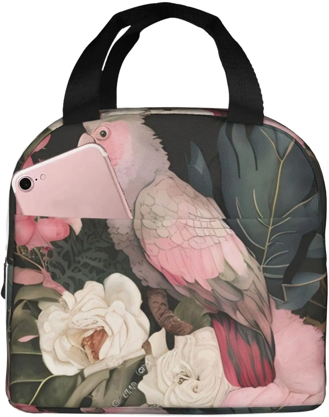 Natural Pink Cockatoo In Jungle Insulated Lunch Bag Thermal Freezable lunch Tote Waterproof Bento Lu nch Box  Women Men Lun ch