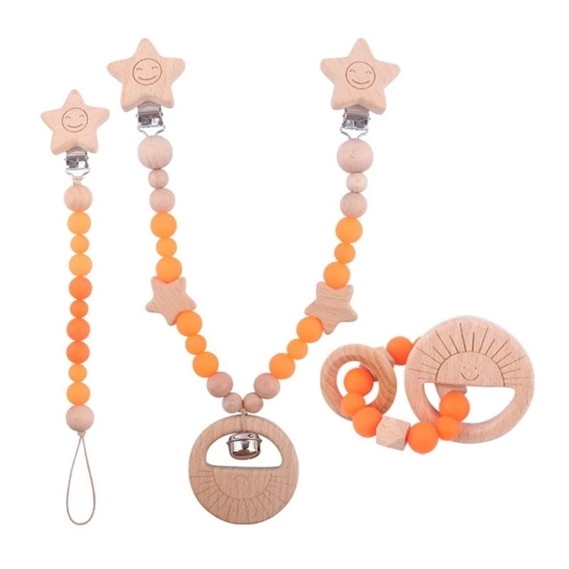 090B 3 Pcs/Set Baby Stroller Pendants Pacifier Chain Pram Clip with Silicone Beads Infants Wooden Teether Bracelet Rattle