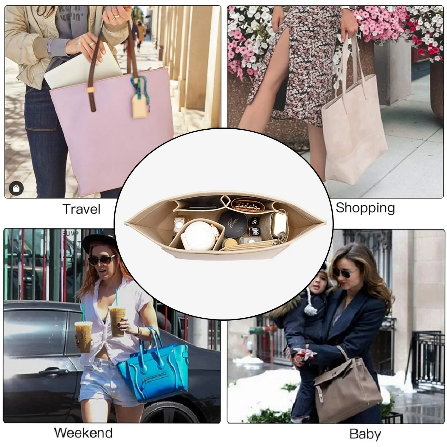 حقيبة إدراج اللباد تناسب حقيبة اليد بطانة حقيبة ورأى القماش حقيبة مستحضرات تجميل دعم السفر المحمولة إدراج المحفظة المنظم #6