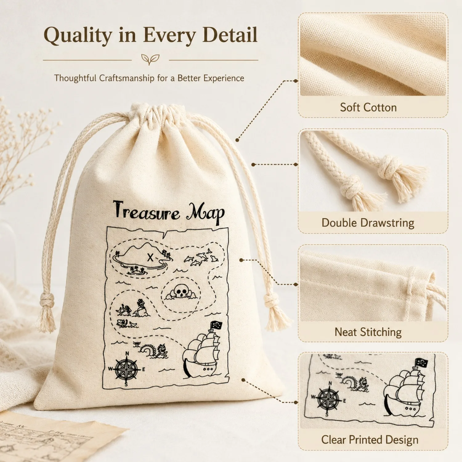 4/12PcsTreasure Map Cotton Drawstring Bags Pirate Party Favor Pouches for Treasure Hunt Candy Gifts Birthday Party Supplies