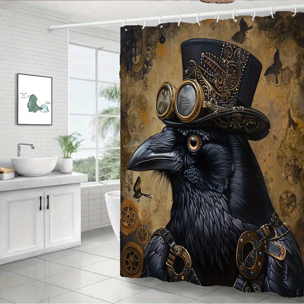 Steampunk Raven Portrait Shower Curtain with Gears and Victorian Accents for Bathroom Decor