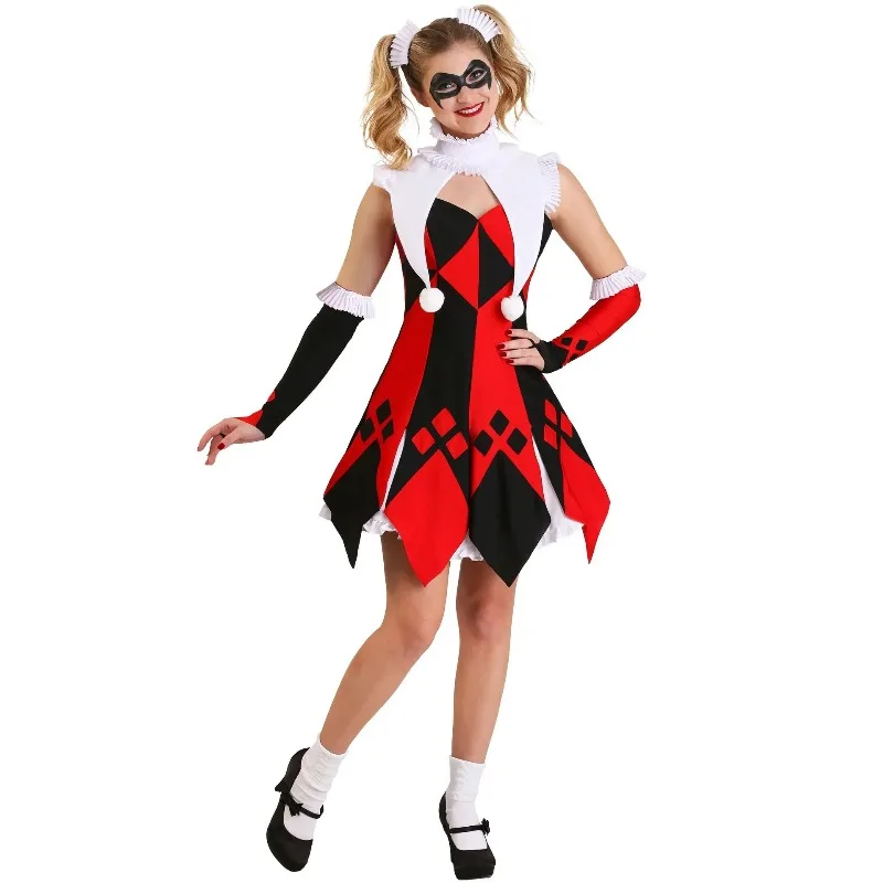 Disfraces de Halloween para mujer, payaso malvado, criminal Quinn, trajes de Cosplay, vestido de actuación de circo, vestido de Carnaval