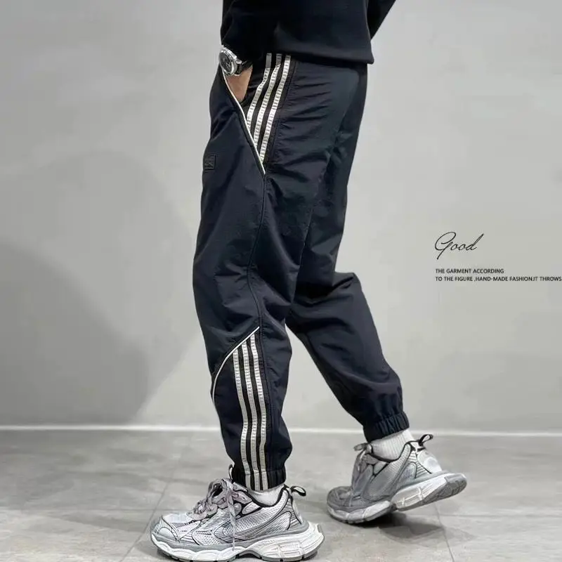 

2024 Summer New Men's Ice Shreds Trousers Contrast Color Spliced Elastic Drawstring Loose Trendy Striped Sweatpants Pants