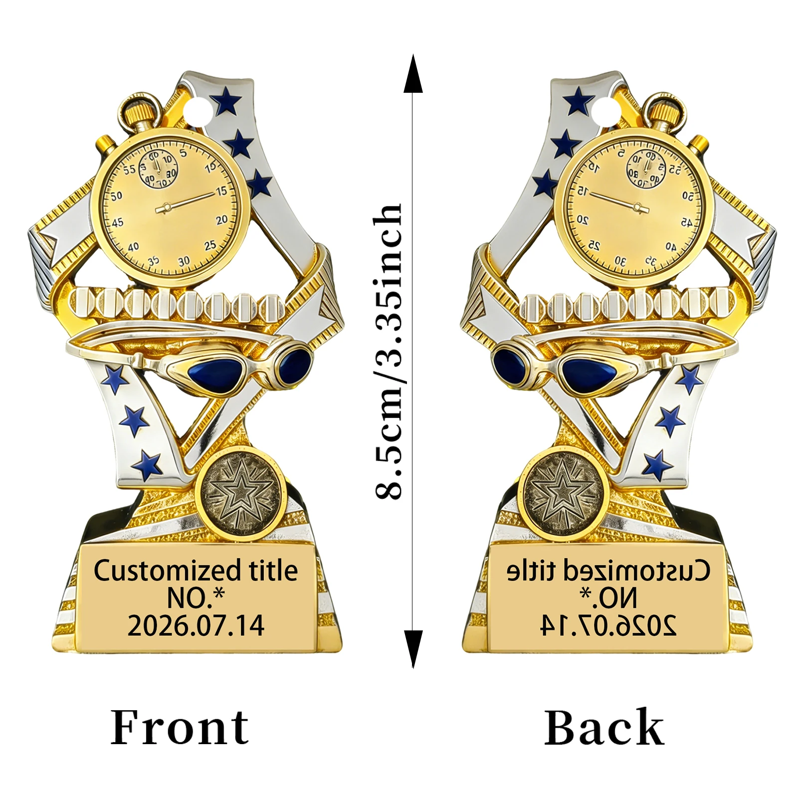 Customized Golden and Silvery Trophy Shaped Custom Print Title Text Name Date for awards prizes gift DIY purse Charms making