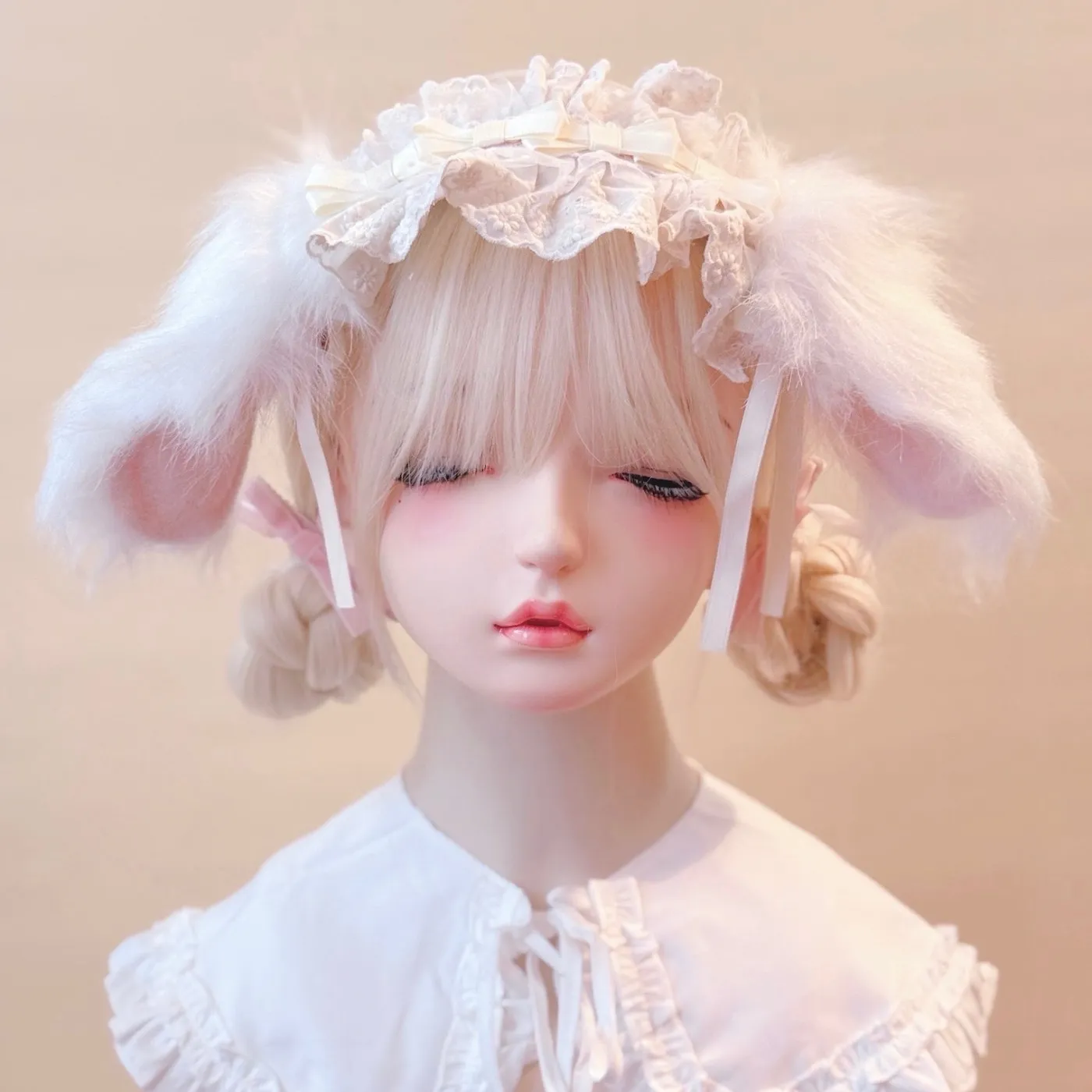 オリジナル手作りぬいぐるみウサギの耳飾り、レースのヘッドバンド、獣耳風ロリータ風レース、折り畳み式、カラフルなヘアアクセサリー。