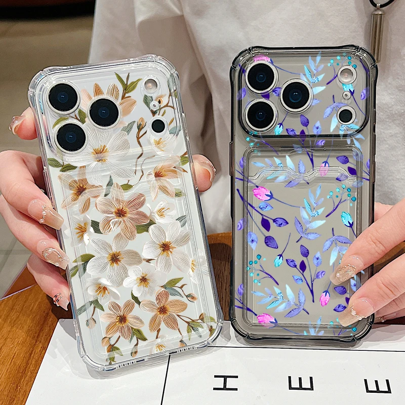 Bunte Blumenmuster TPU Handyhülle für iPhone 17 16 Pro Max 15 14 13 Pro Max mit Kartenfach Weiche Silikon Transparente Schutzhülle