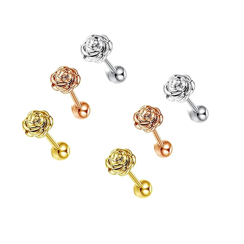 

16G Stainless Steel Cartilage Earring Stud for Women Conch Tragus Helix Piercing Jewelry CZ Flower rose Barbell Stud Earrings Co