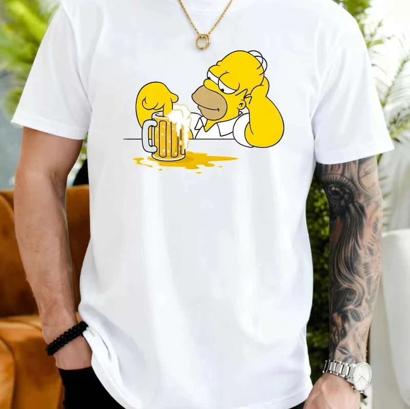 Summer Men's Casual Short-sleeved T-shirt, Simpsons Family, Homer Drinking Beer Print Pattern, Simpson Men's T-shirt