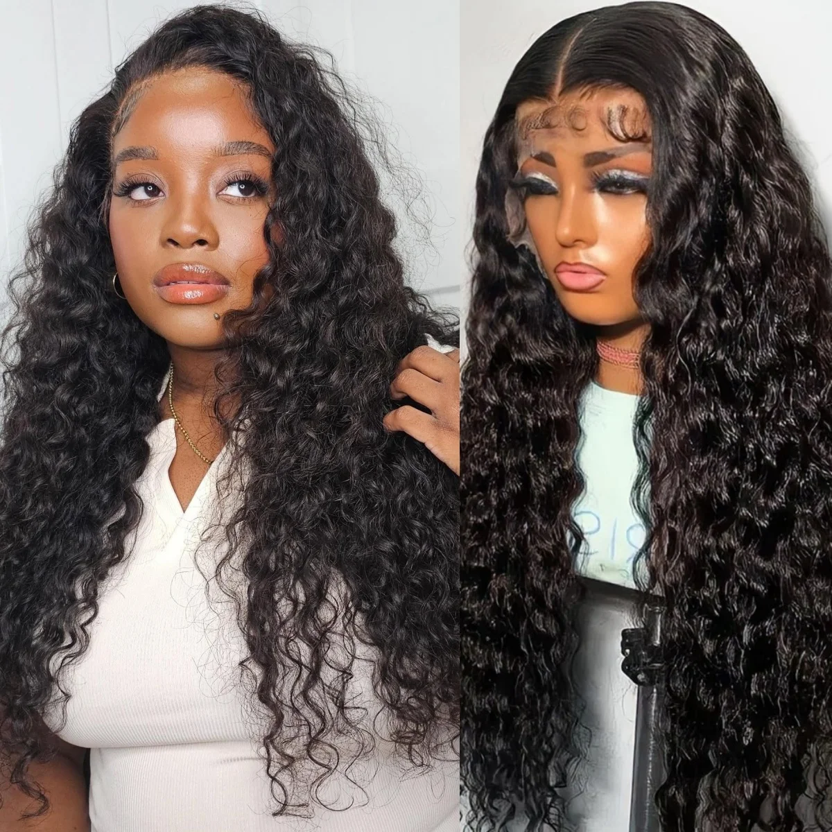 

Glueless 220Density Deep Wave 5x5Lace Front Wigs Human Hair Natural Color Put On And Go Transparent Lace Frontal Wig For Women1B