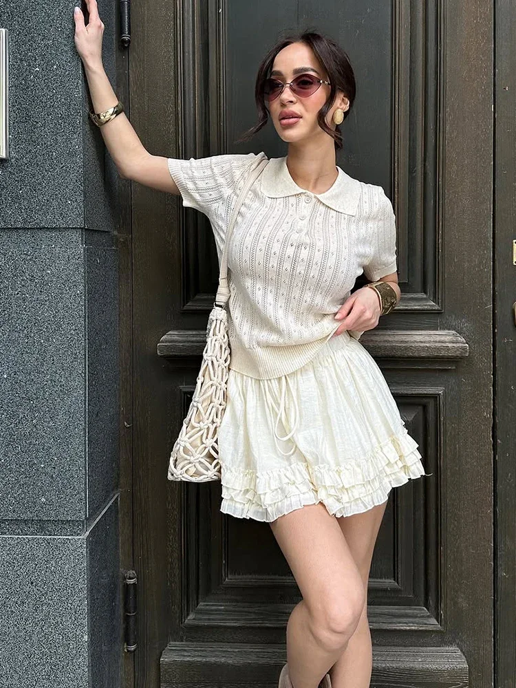 

Chic White Knit Cropped Polo Shirts Lady Causal Short Sleeve Single Breasted Hollow Out Lapel Top 2025 Autumn New Street Outwear