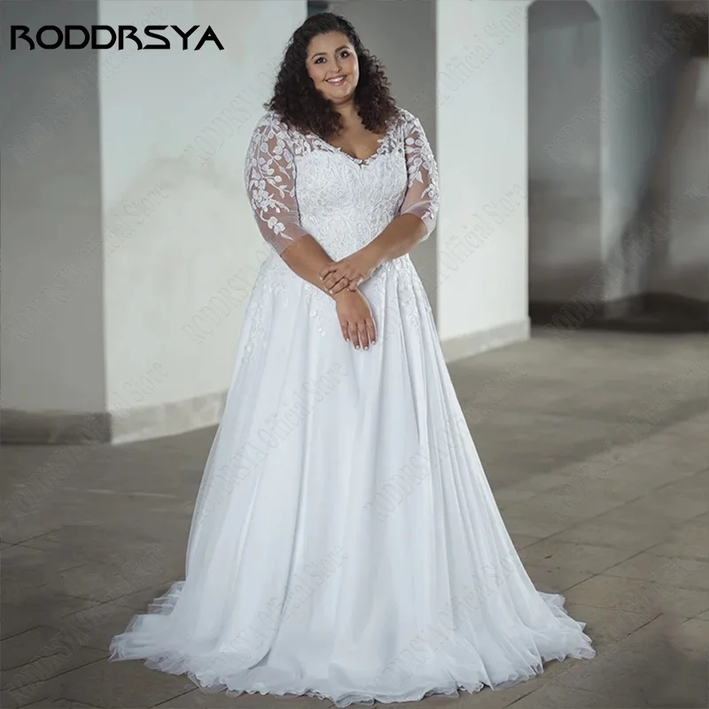 Roddrsya 3 / 4 Sleeve Plus Size Wedding dresses for bride V - neck applications vestido noiva Boho Lace up bride Gown BeacRODDRSYA-Robe de mariée à manches 3/4, grande taille, col en v, style boho, à lacets, sur mesure