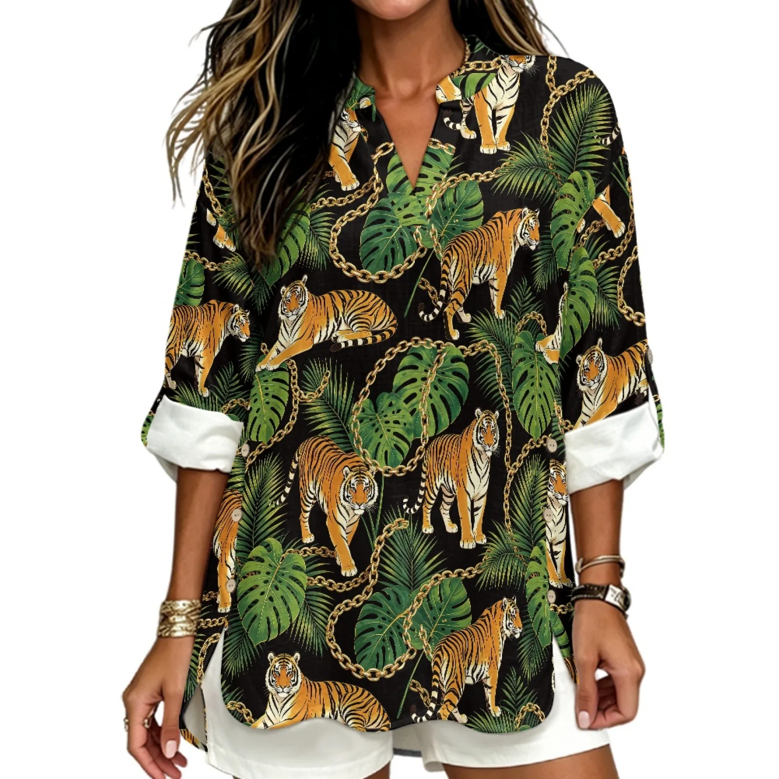 PENSTROLL Tiger Leaf Chain Linen Like Long Sleeve Blouse Loose Dressy Casual Blouses for Women Sizes S-5XL