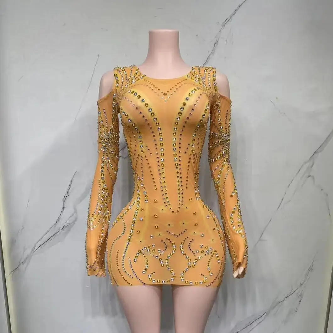 

Orange Rhinestones Festival Dress Women Party Jazz Dance Outfit Stage Catwalk Celebrate Costume Evening Prom Dresses