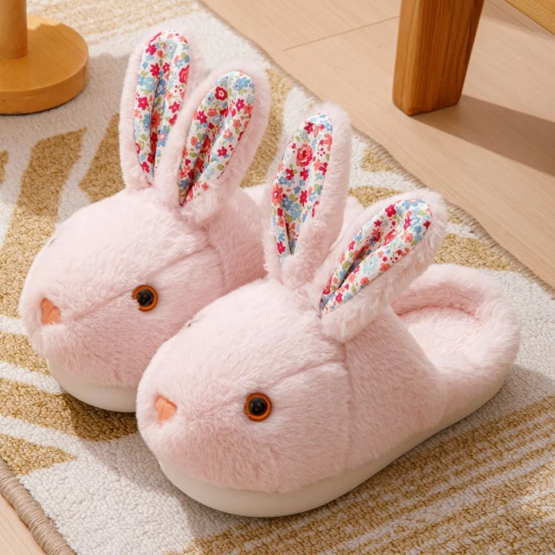 Kawaii 3D Cartoon Bunny Slippers With Stand Floral Ears Pink Plush Rabbit Slippers Warm Non Slip Ladies Home Indoor Winter Shoes