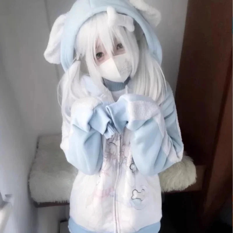 Y2K Aesthetic Dog Bone Sweater Hoodie Virtual Anime Subculture Raglan Sleeve Versatile Autumn Winter Cute Printing Top Coat New