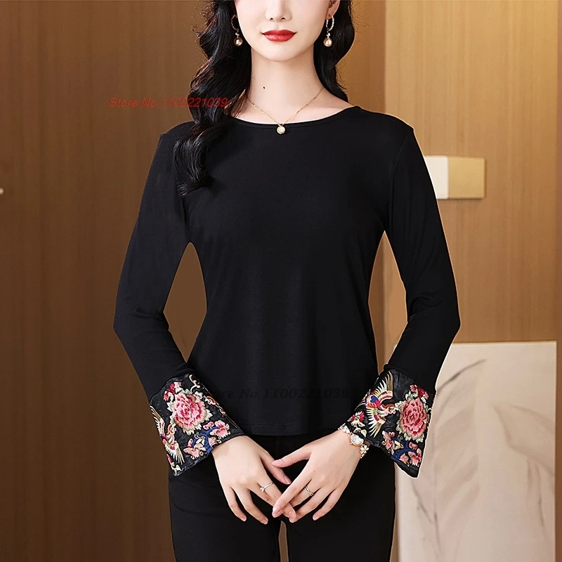 

Футболка с вышивкой «Нацфлор» (2026), винтажная, в этническом стиле, с круглым вырезом, традиционная уличная одежда, китайская, восточная, элегантная