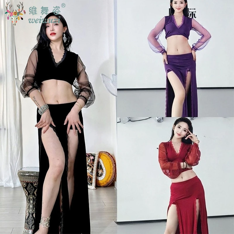 Costumi di danza del ventre per donna Top sexy con scollo a V in rete + gonna lunga in pizzo sexy 2 pezzi Tuta da allenamento professionale per danza orientale per adulti