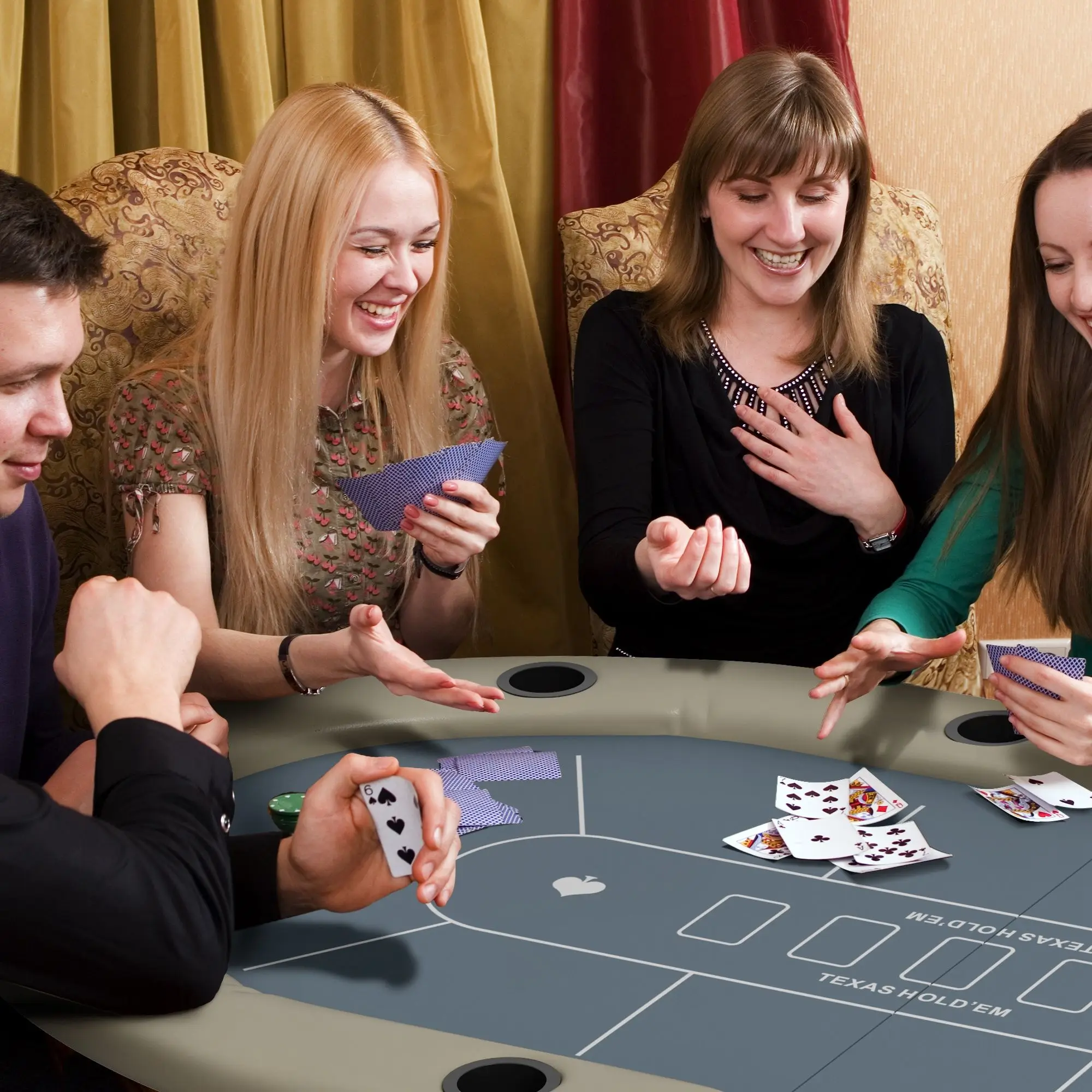 Blue Foldable Poker Table for Texas Hold'em Mahjong with Cup Holder