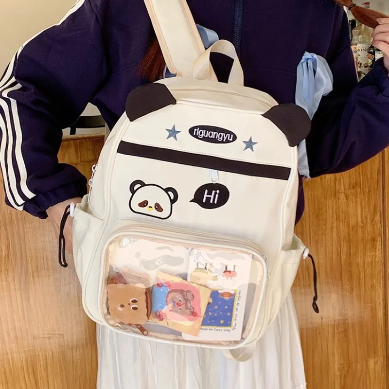 Richme Kawaii Panda Women Backpacks Large Capacity Casual Nylon Commute Students Bag Transparent Doll Show Ita Bolso Mujer