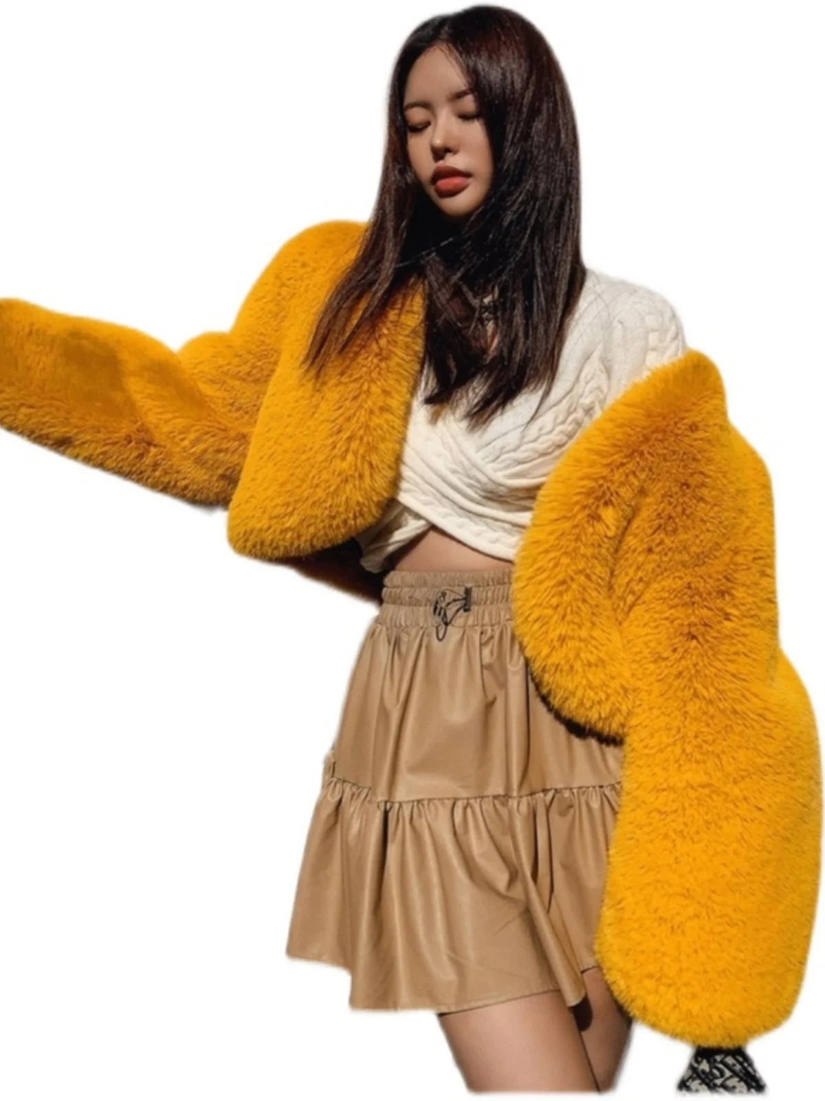 Cappotto in Pelliccia di Agnello da Donna, Trendy Cappotto Lungo in Finta Pelliccia di Coniglio, Elegante Cappotto a Vita Alta con Bordi per il Pendolarismo