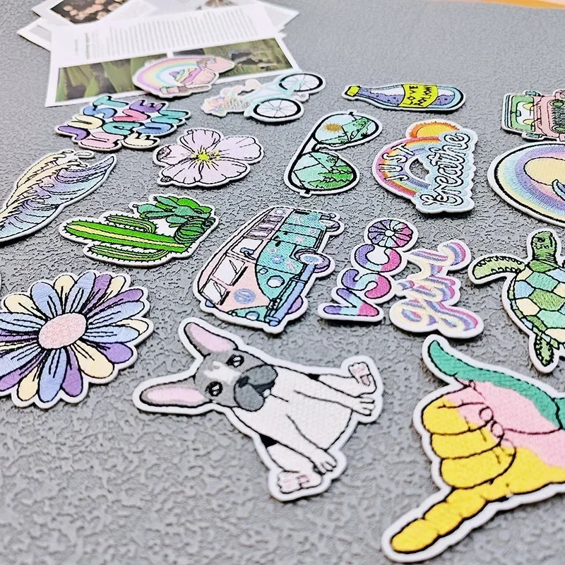 Cartoon Embroidery Patch Waves Rainbow Turtles Iron on Patches Fusible Stickers for Clothes Ironing Badges Bags Hats Accessories