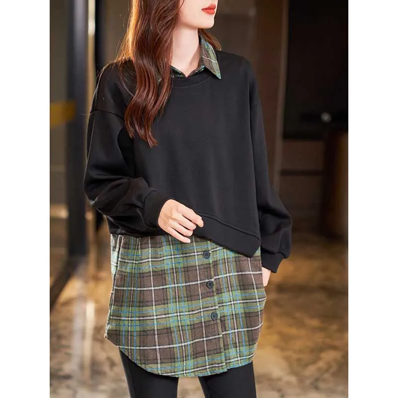 Fashion Lapel Spliced Fake Two Pieces Plaid Blouses Women\'s Clothing 2023 Autumn Winter Loose Casual Tops Asymmetrical Shirts