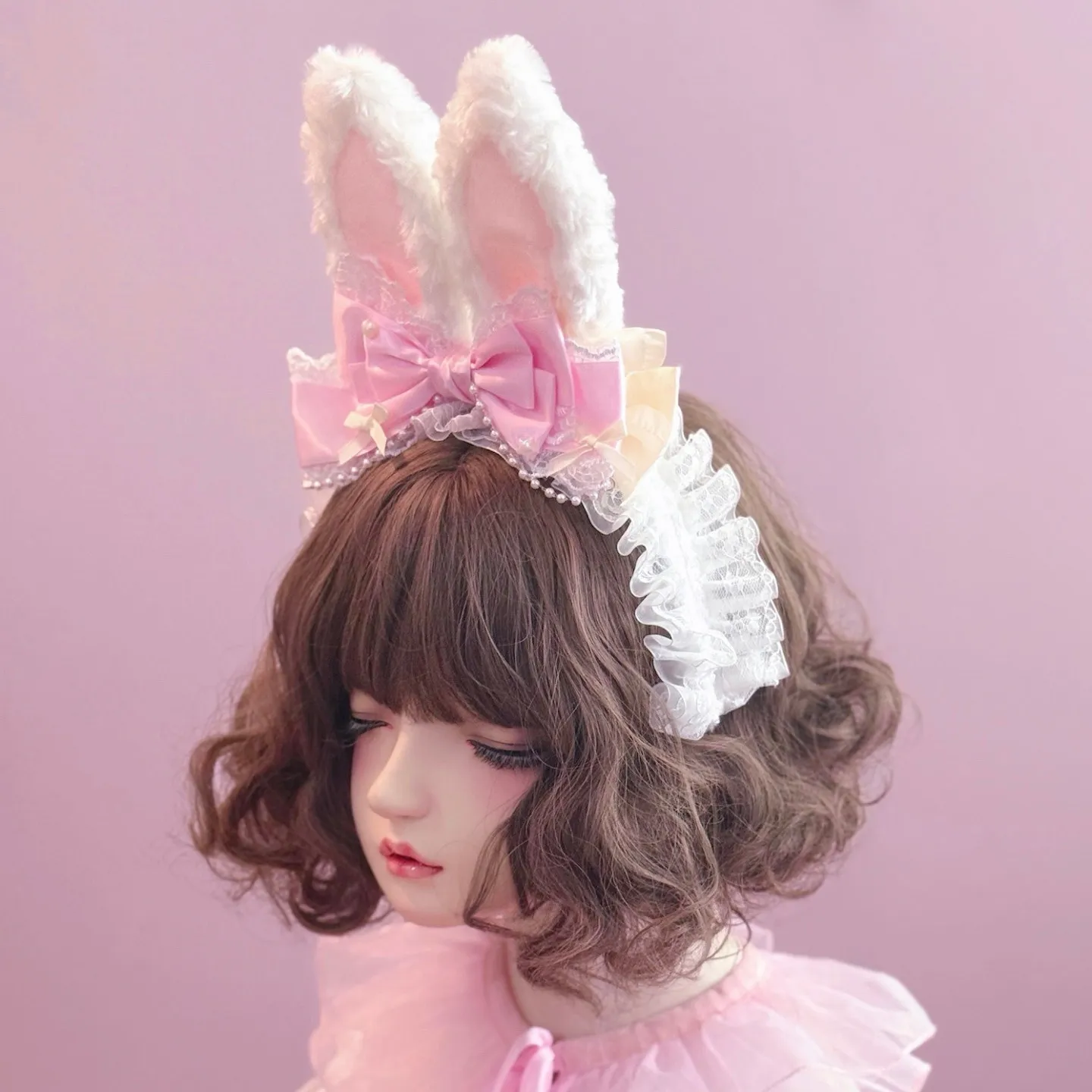 Original Handmade Bead String Satin Bow Plush Rabbit Ear Headband Beast Ear Lolita Lace Kc Cute and Sweet Headband