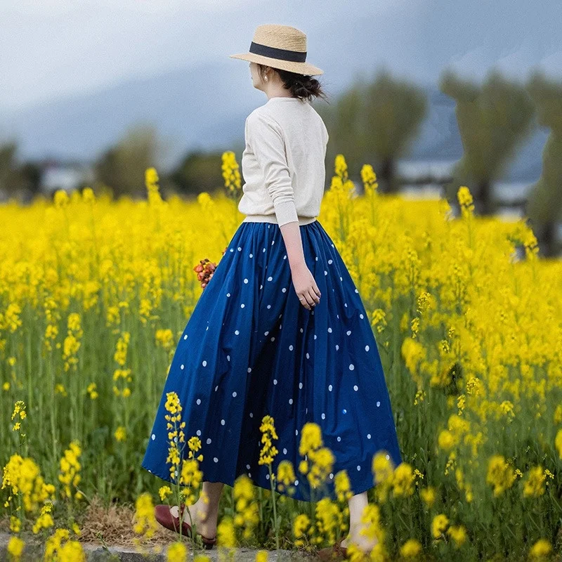 

Blue Polka Dot Pure Cotton Women's Skirt Spring Autumn Waist Cinched Print A-Line Long Skirt Faionable Versatile High ...