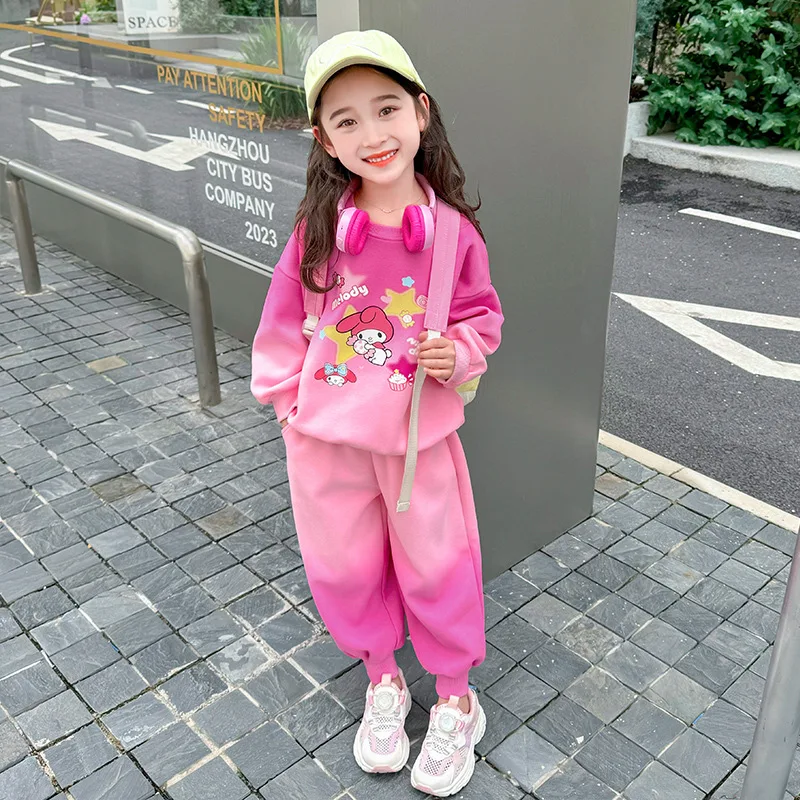 Sanrio Cartoon Print Hoodies Sets for Girls Spring Autumn Long Sleeved Top and Long Pant Two Piece Melody Children's Tracksuits