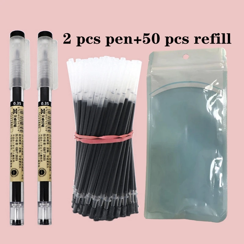 

50+2Pcs/Set 0.35mm Red/Black/Blue Ink Gel Pens Set Refills Rod Gel Ink Pen for School Office Stationery Student Writing Pen