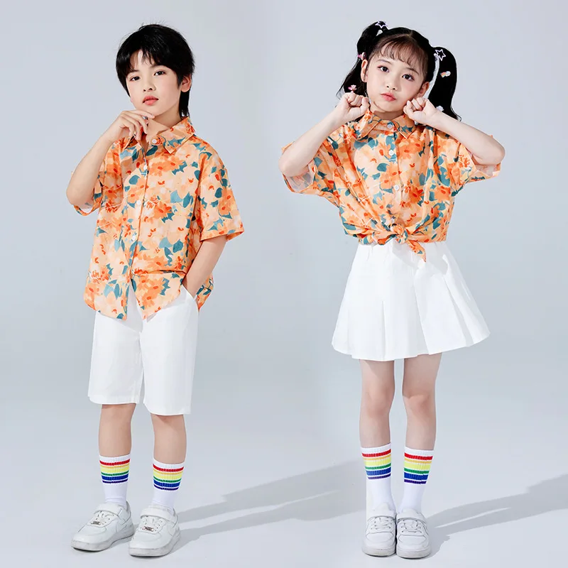 

Hip Hop Boys Print Shirt Street Dance White Shorts Girls Short Sleeve Top Skirt Child Streetwear Clothes Sets Kids Jazz Costumes