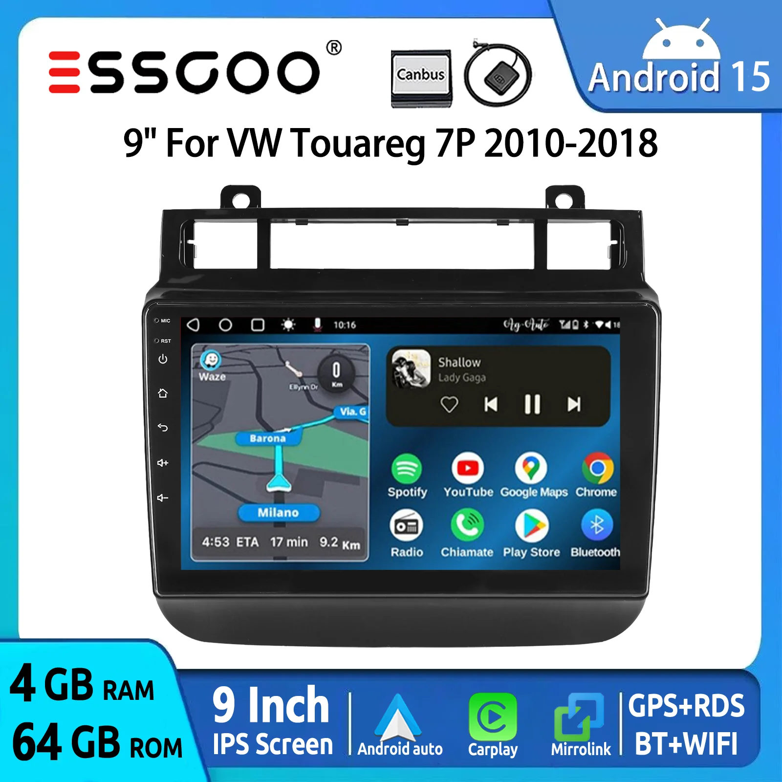 ESSGOO 9-Zoll-Autoradio mit kabellosem CarPlay, Android 15, GPS-Navigation für VW Touareg 7P 2010-2018, FM, BT, WLAN, USB, SWC, RDS, Mirror Link