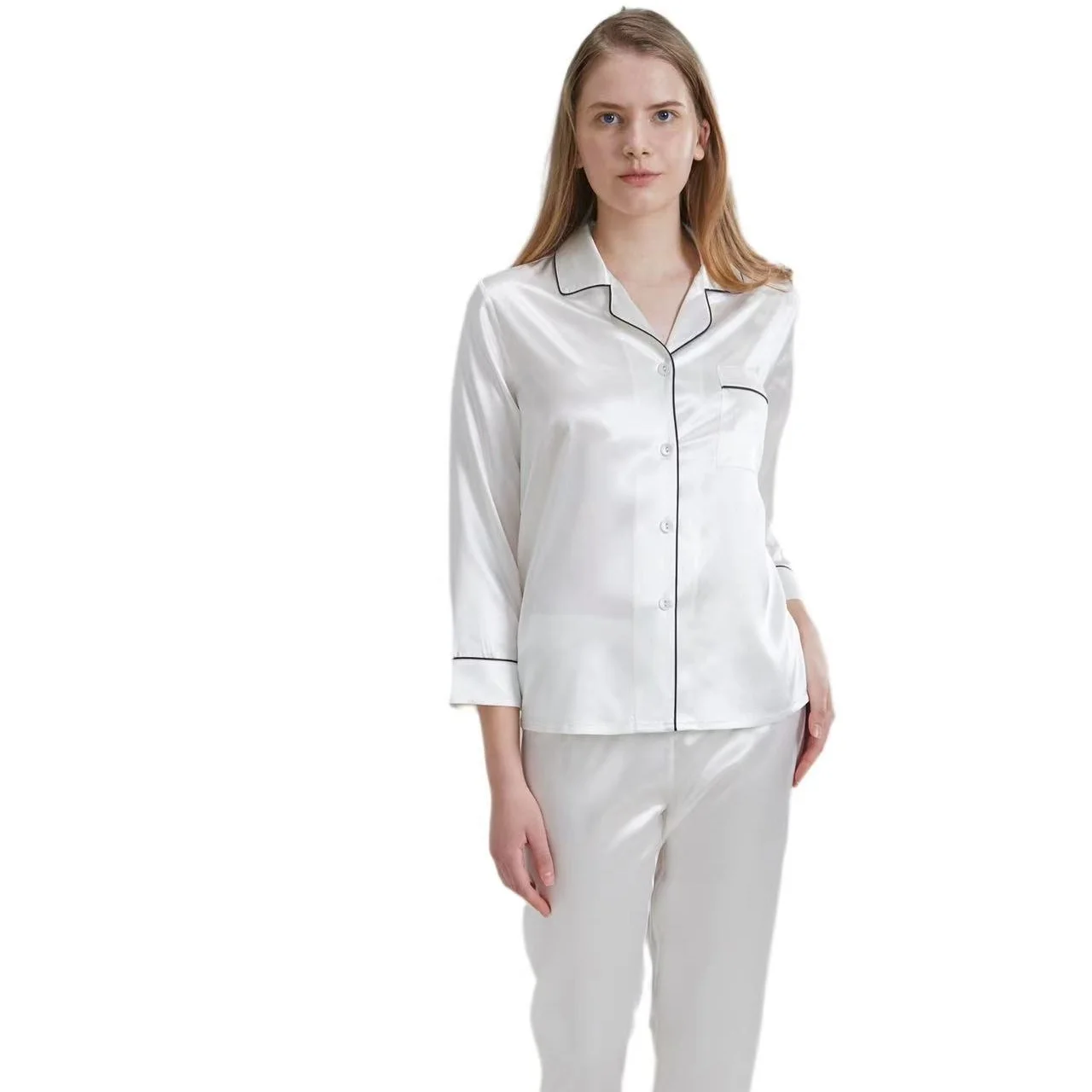 

White Silk Shirt Pajamas Women 19mm 100% Pure Silk Nightwear 2 Pieces Suit 2022 Summer Pajamas Silk Shirt